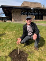 Roseburg Sister Cities treasurer Kevin Carson kneels beside a ginkgo tree newly planted at Umpqua Community College. One of 45 peace trees planted around the city, it was grown from seed of a tree that survived the atom bombing of Hiroshima 75 years ago t