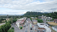 Aerial view of downtown Troutdale during First Friday. The Confluence site is visible on the left.