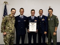 The Cheshire brothers, together at the Spaatz Award Ceremony, L-R, Christian, Ilisha, Ian (hold the Spaatz Award plaque), Isaac, and Caleb.  Ilisha and Isaac are currently also serving in the Medford Composite Squadron as a Cadet Senior Master Sergeant an