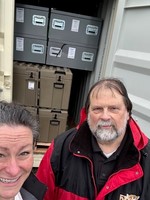 Michele Bradley, Port of Tillamook Bay General Manager and Randy Thorpe, Tillamook County Emergency Management Director in front of the first Conex box delivery on April 20, 2023