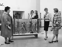 Arlene Schnitzer at the Fountain Gallery with a folded screen made by Jay Backstrand, March 17, 1964. OHS Research Library, no. 938.