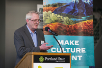 Cultural Trust Executive Director Brian Rogers talks about the Cultural Tax Credit at a PSU event to unveil a new Celebrate Oregon! mural.